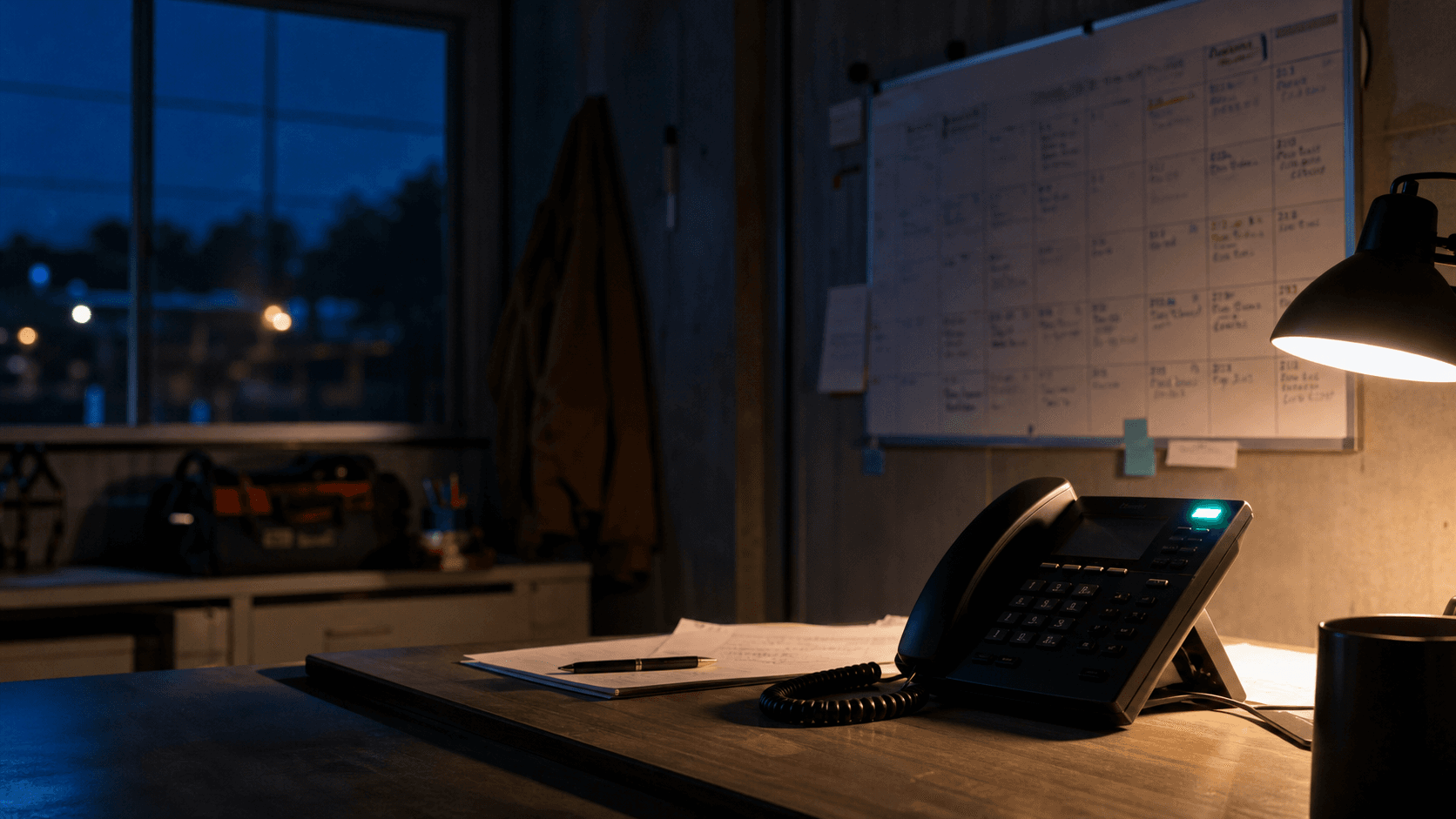 HVAC dispatch office at night with an illuminated incoming-call phone.