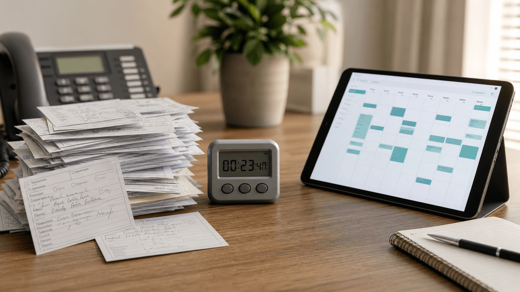 Paper phone messages and a timer beside a modern booked-job calendar.