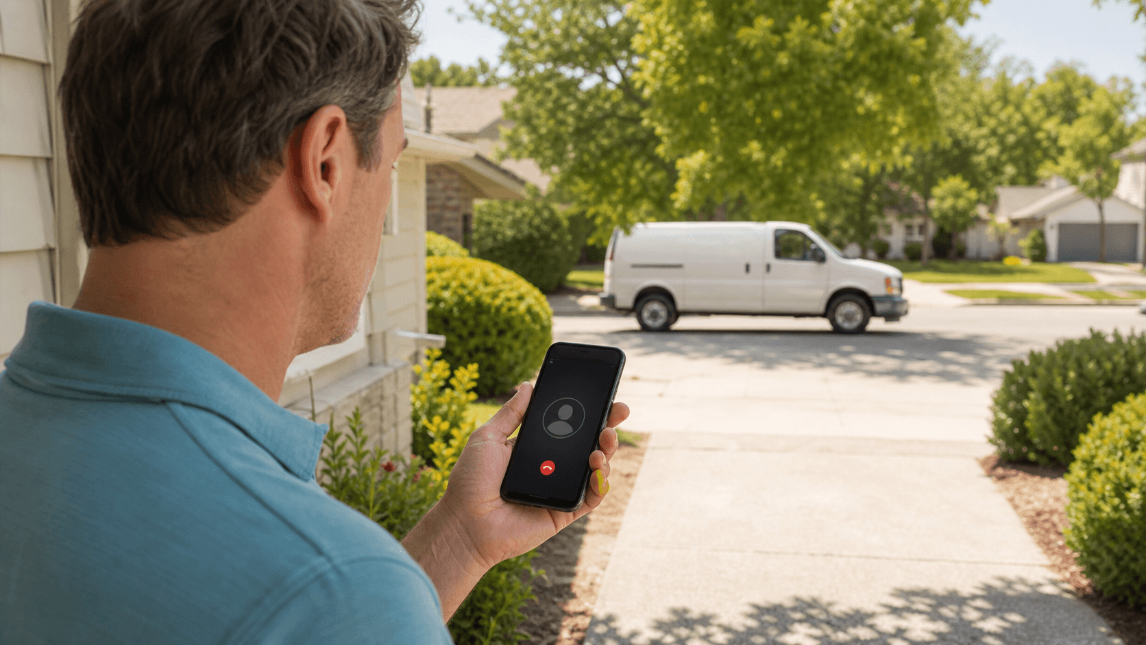 Homeowner looking at an unanswered call while an HVAC van is in the distance.