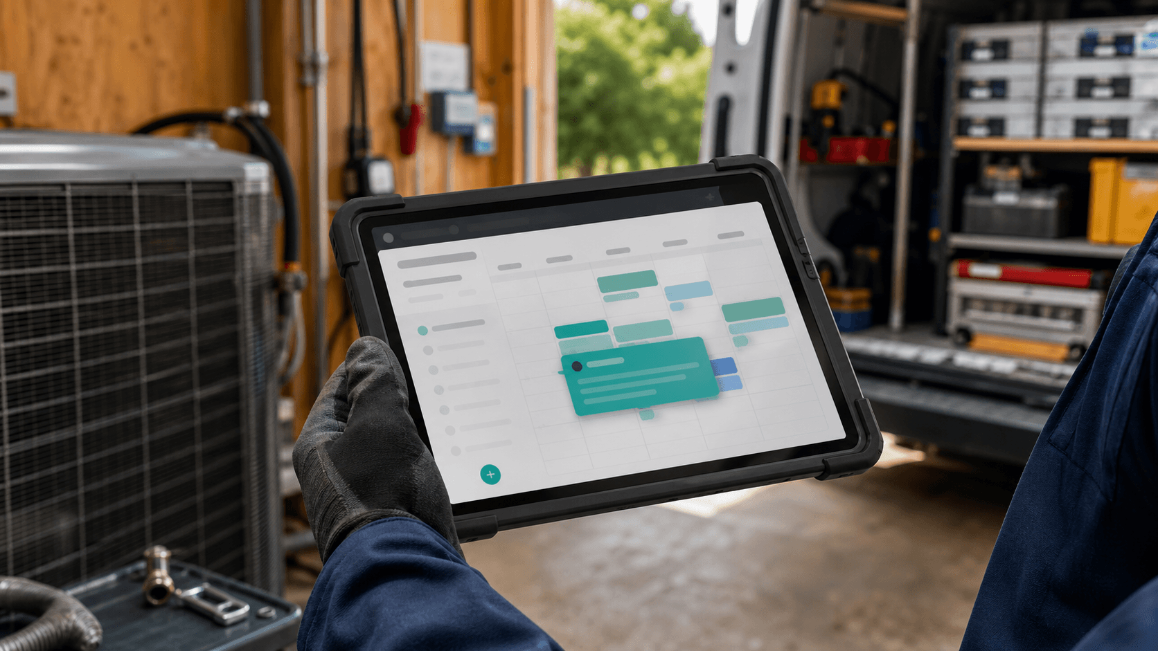 HVAC technician holding a tablet with a newly scheduled service job.