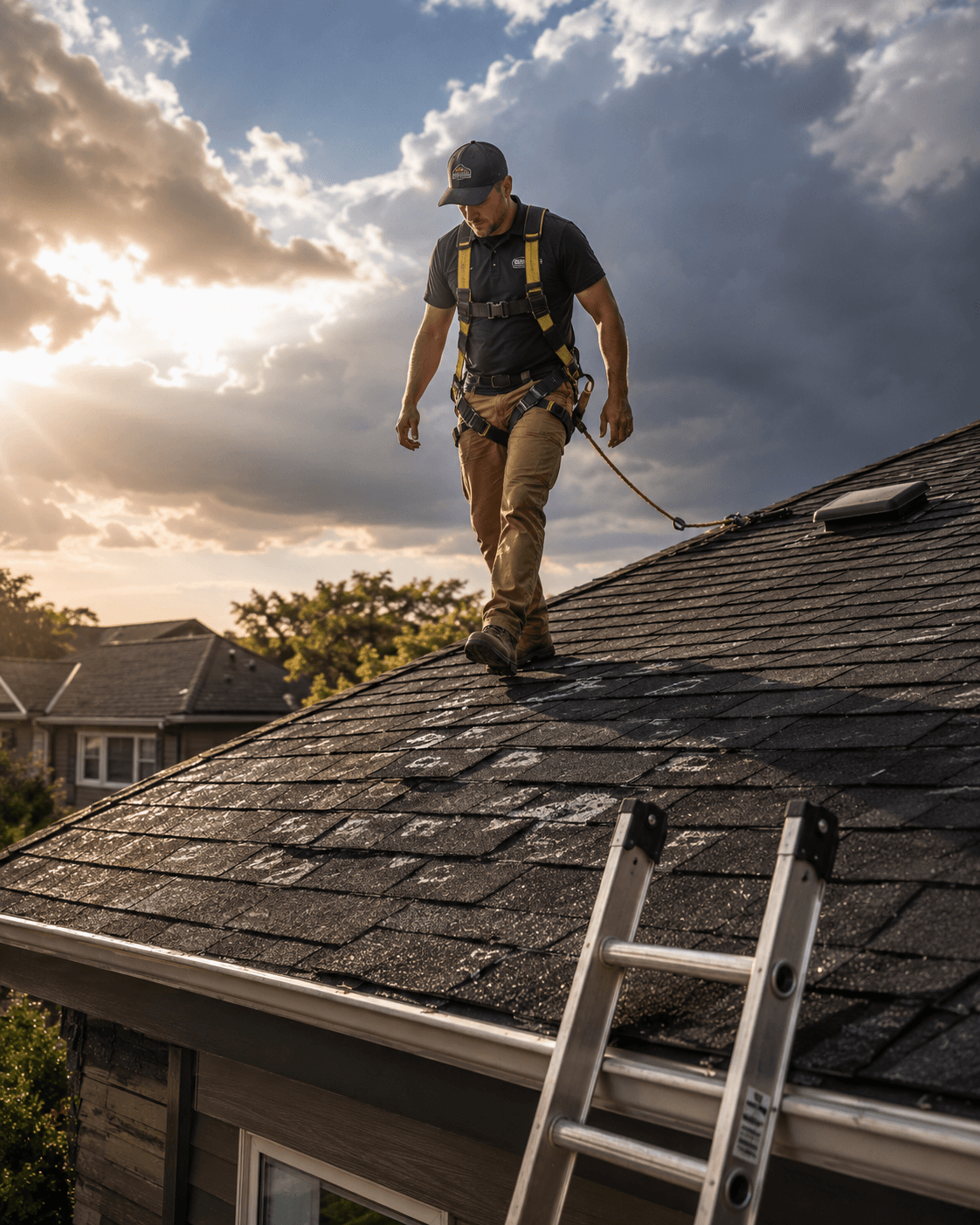 Roofer inspecting shingle damage on a ridge after a storm