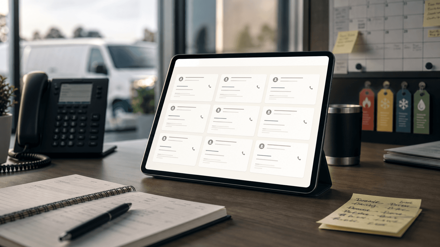 Dispatch tablet showing organized AI call summaries beside a phone.