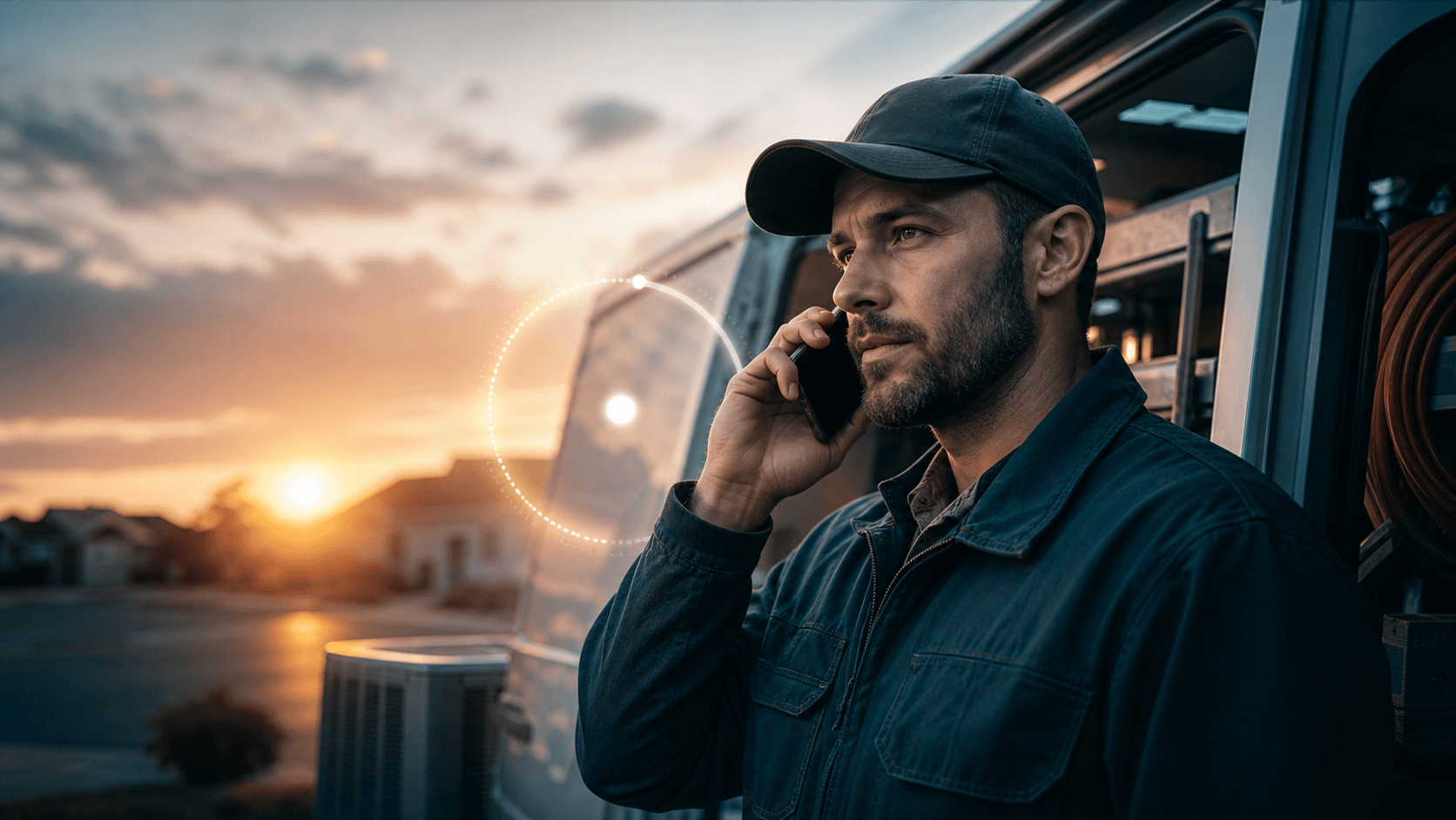 HVAC technician answering a call beside a service van at dawn.