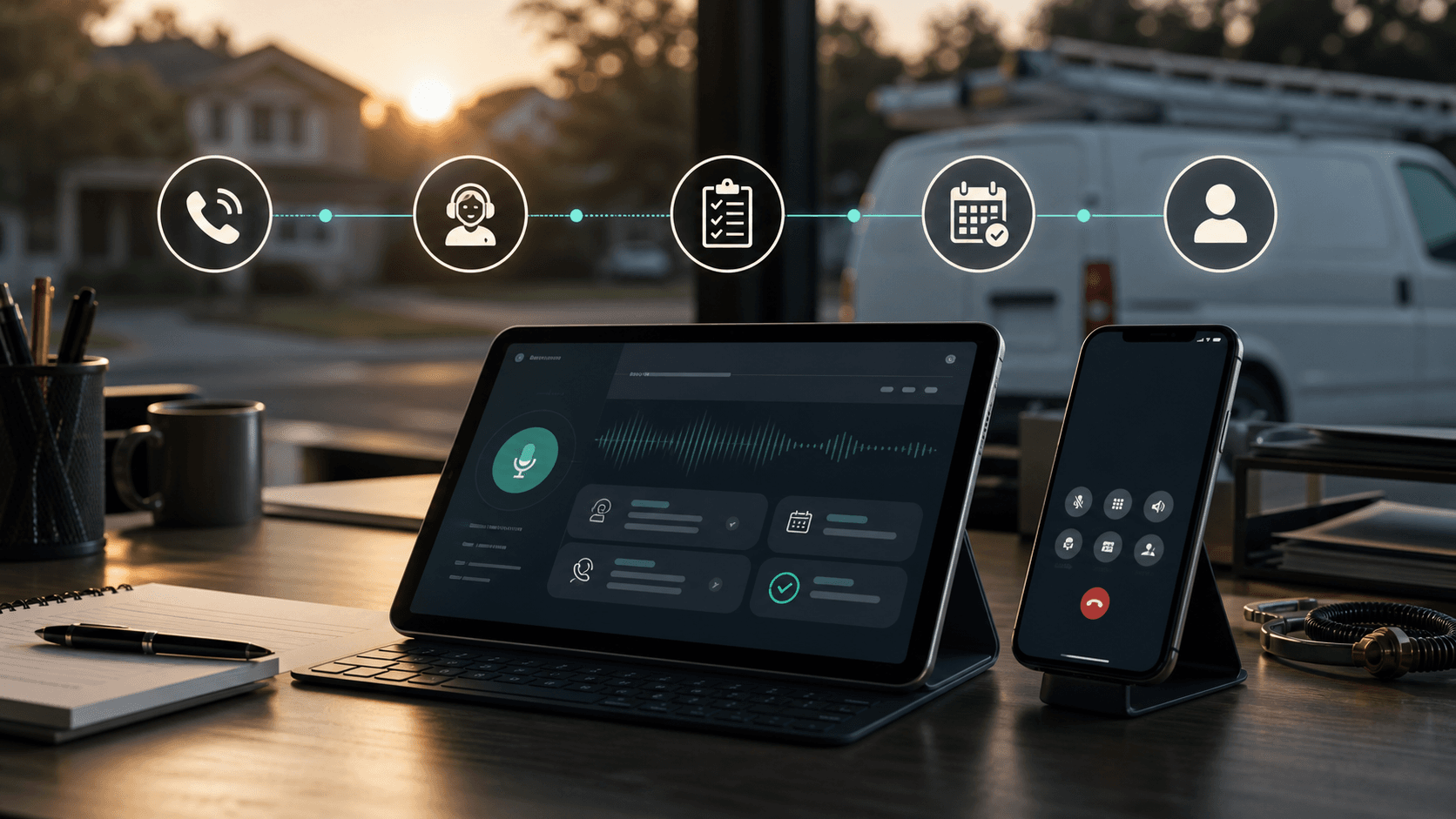 Phone and dispatch tablet showing a clean first-minute call workflow.