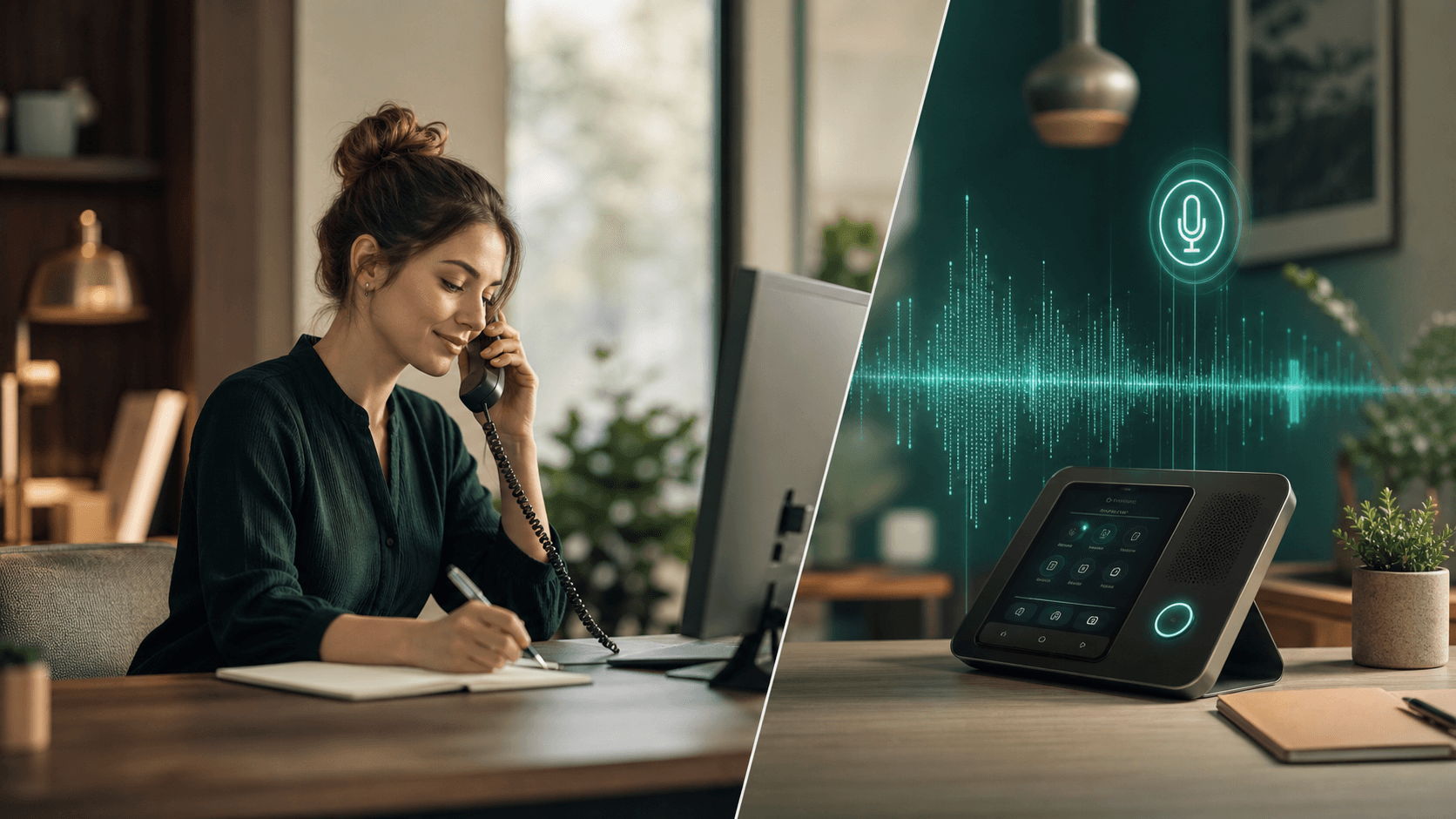 Editorial image of an HVAC receptionist desk with AI call technology.