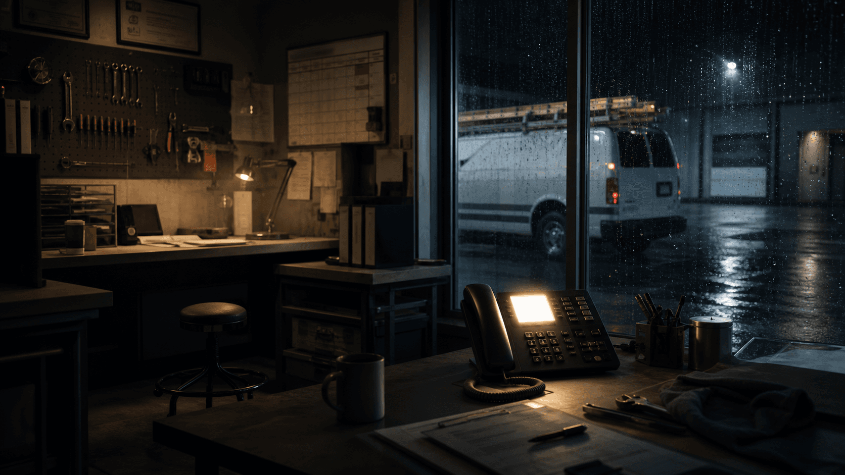 After-hours HVAC office with an unanswered phone on a workbench.