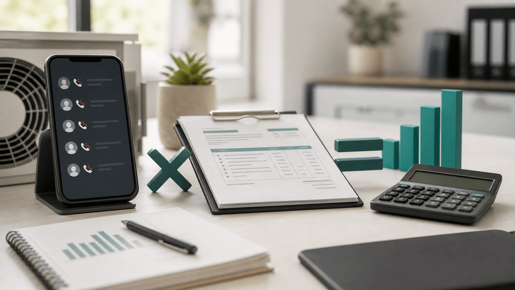HVAC desk with phone and calculator representing missed-call revenue math.