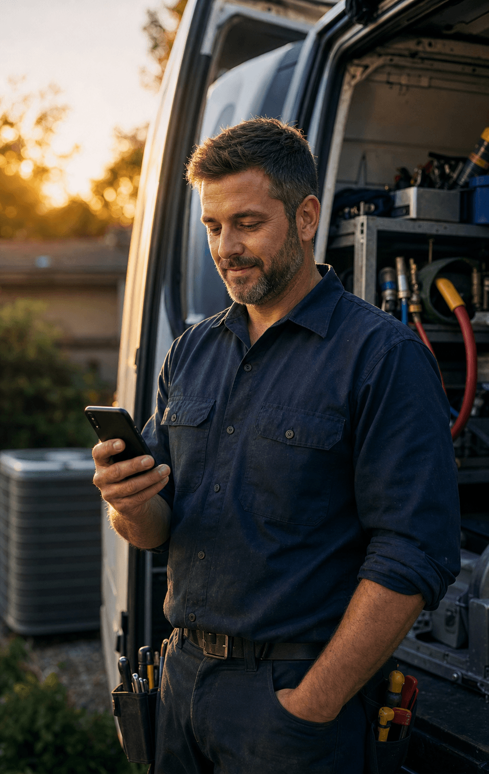 HVAC technician checking a booked job on his phone beside his service van